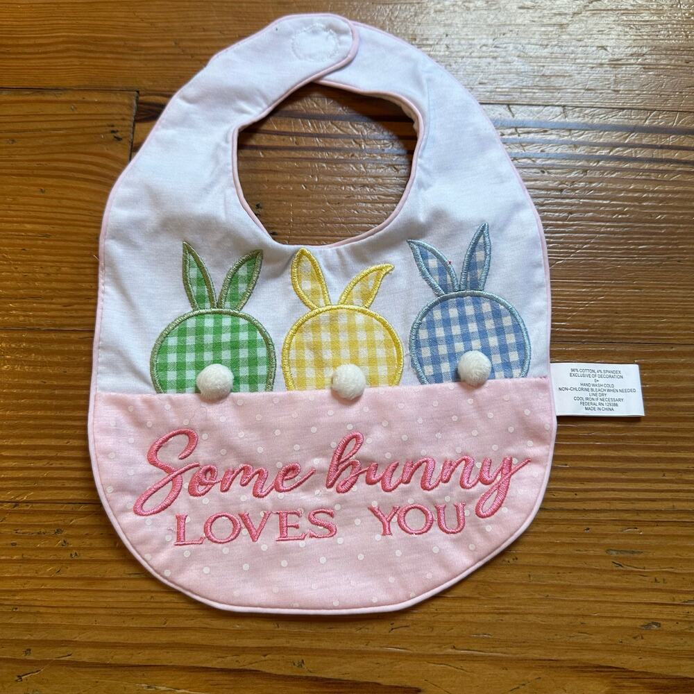 Bunny‎ spring white pink checkered embroidered bib